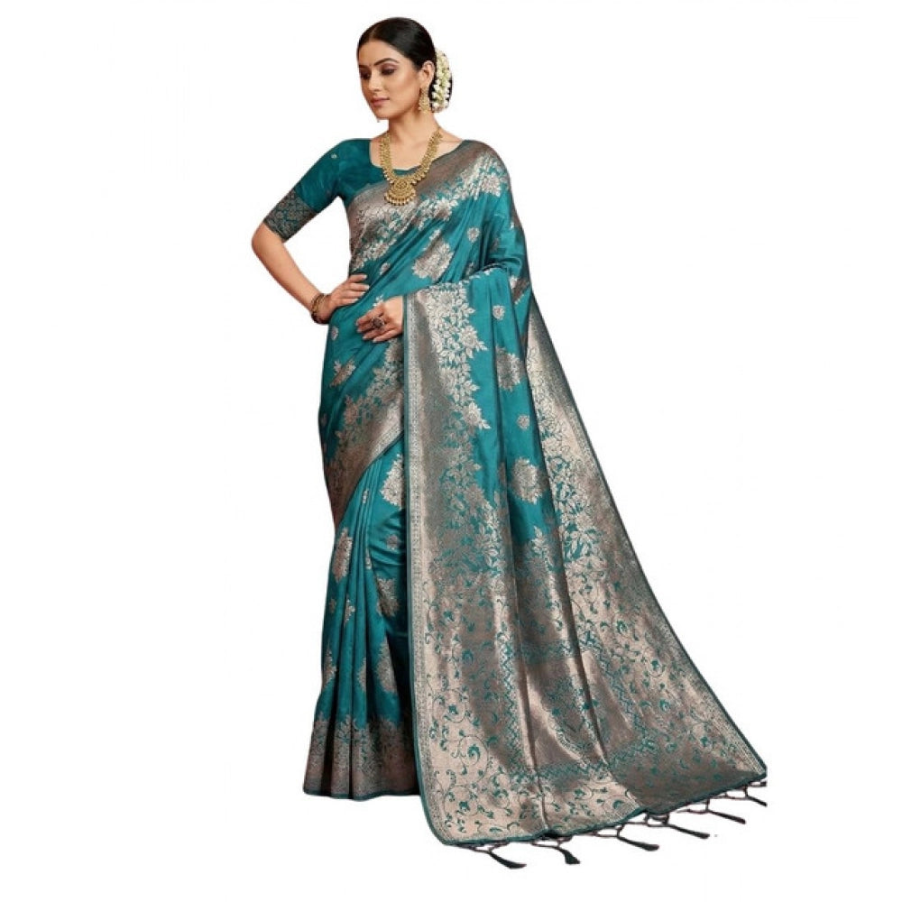 Generic Women's Silk Blend Printed Saree With Unstitched Blouse 5.5Mtr (Sea Green)