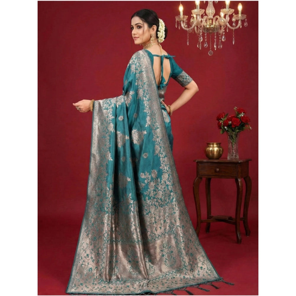 Generic Women's Silk Blend Printed Saree With Unstitched Blouse 5.5Mtr (Sea Green)