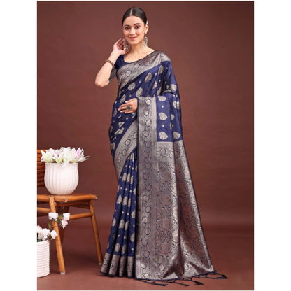 Generic Women's Banarasi Silk Printed Saree With Unstitched Blouse 5.5Mtr (Navy Blue)