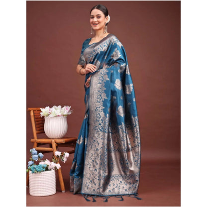 Generic Women's Banarasi Silk Printed Saree With Unstitched Blouse 5.5Mtr (Teal Blue)