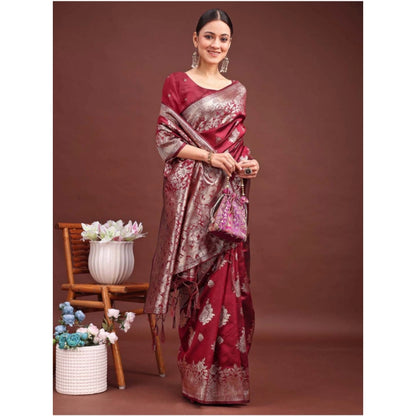 Generic Women's Banarasi Silk Printed Saree With Unstitched Blouse 5.5Mtr (Maroon)
