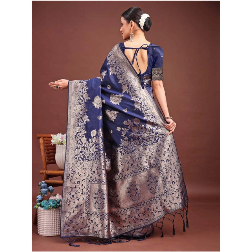 Generic Women's Banarasi Silk Printed Saree With Unstitched Blouse 5.5Mtr (Navy Blue)