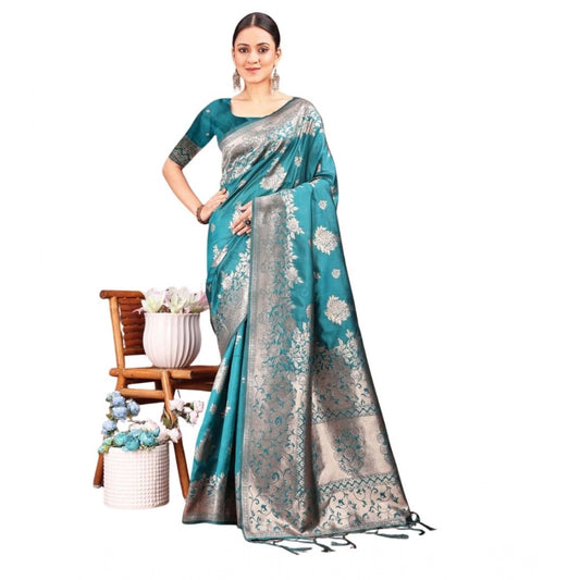 Generic Women's Banarasi Silk Printed Saree With Unstitched Blouse 5.5Mtr (Sea Green)