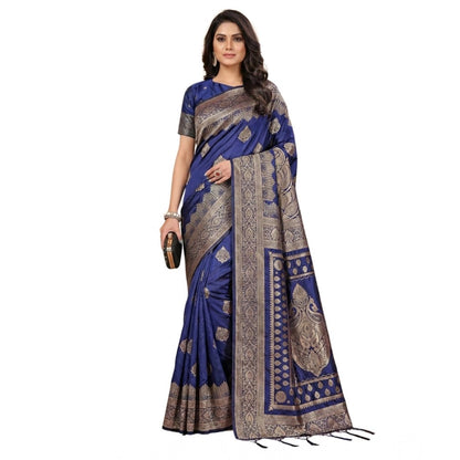 Generic Women's Silk Blend Printed Saree With Unstitched Blouse 5.5Mtr (Navy Blue)