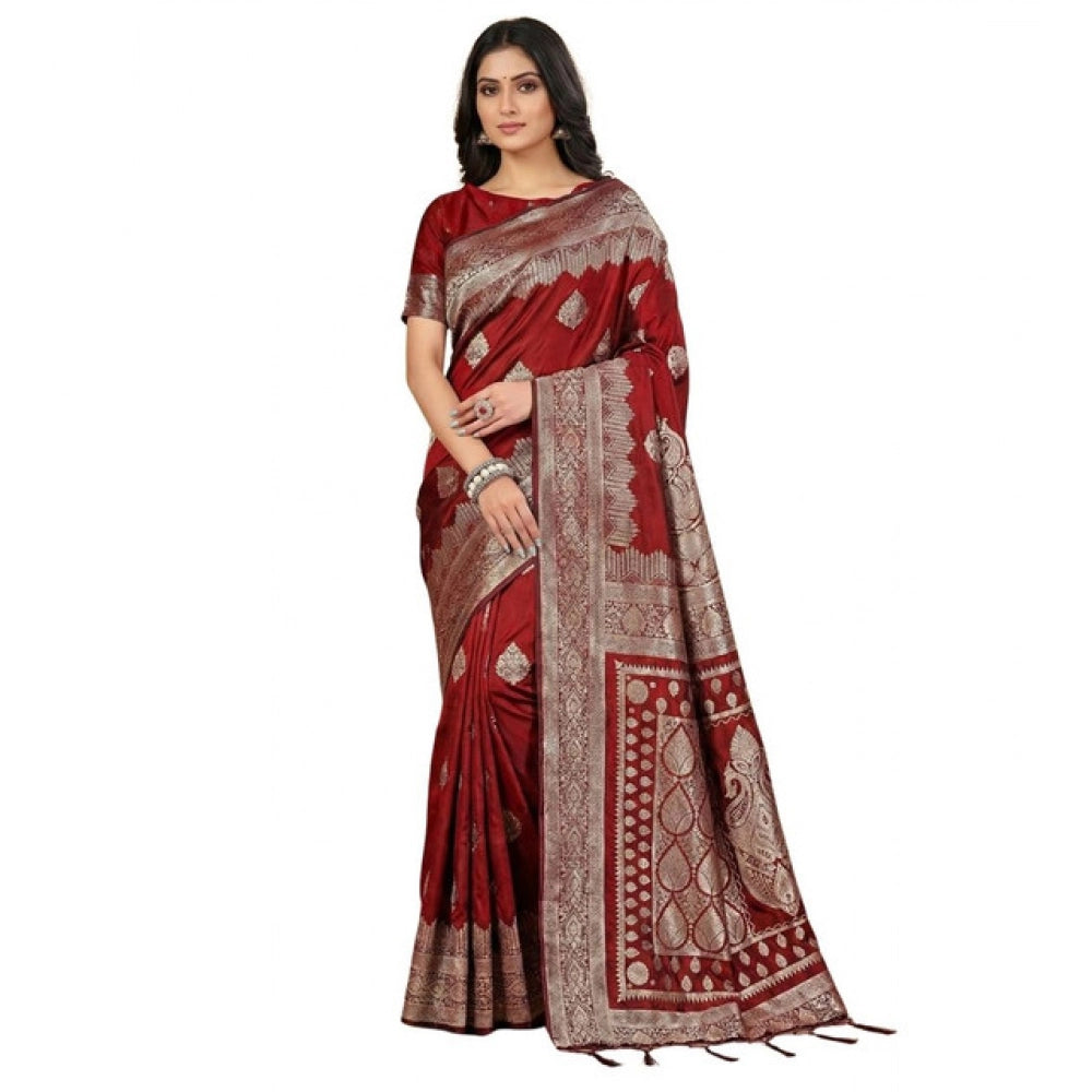 Generic Women's Silk Blend Printed Saree With Unstitched Blouse 5.5Mtr (Maroon)