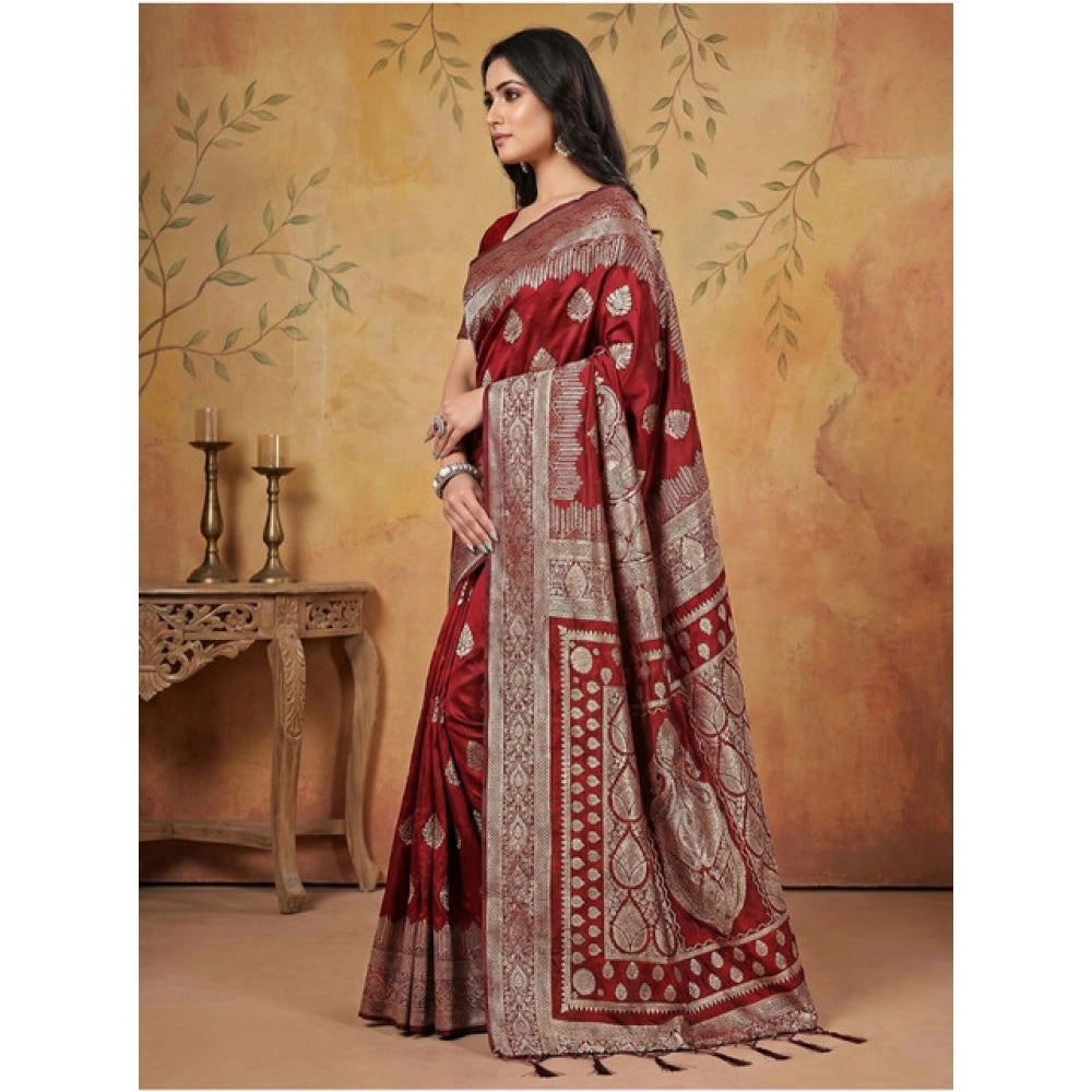 Generic Women's Silk Blend Printed Saree With Unstitched Blouse 5.5Mtr (Maroon)