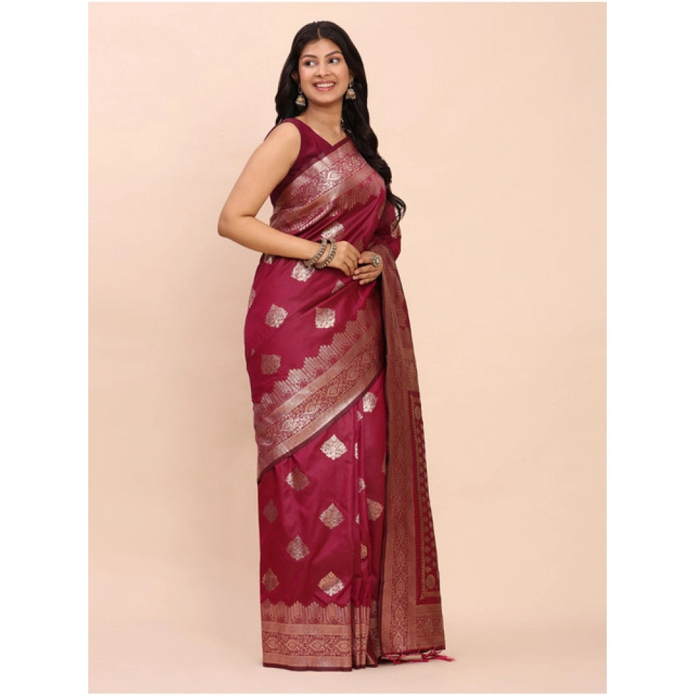 Generic Women's Banarasi Silk Printed Saree With Unstitched Blouse 5.5Mtr (Magenta)