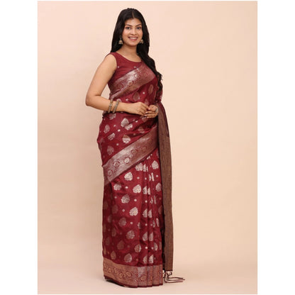 Generic Women's Banarasi Silk Printed Saree With Unstitched Blouse 5.5Mtr (Maroon)