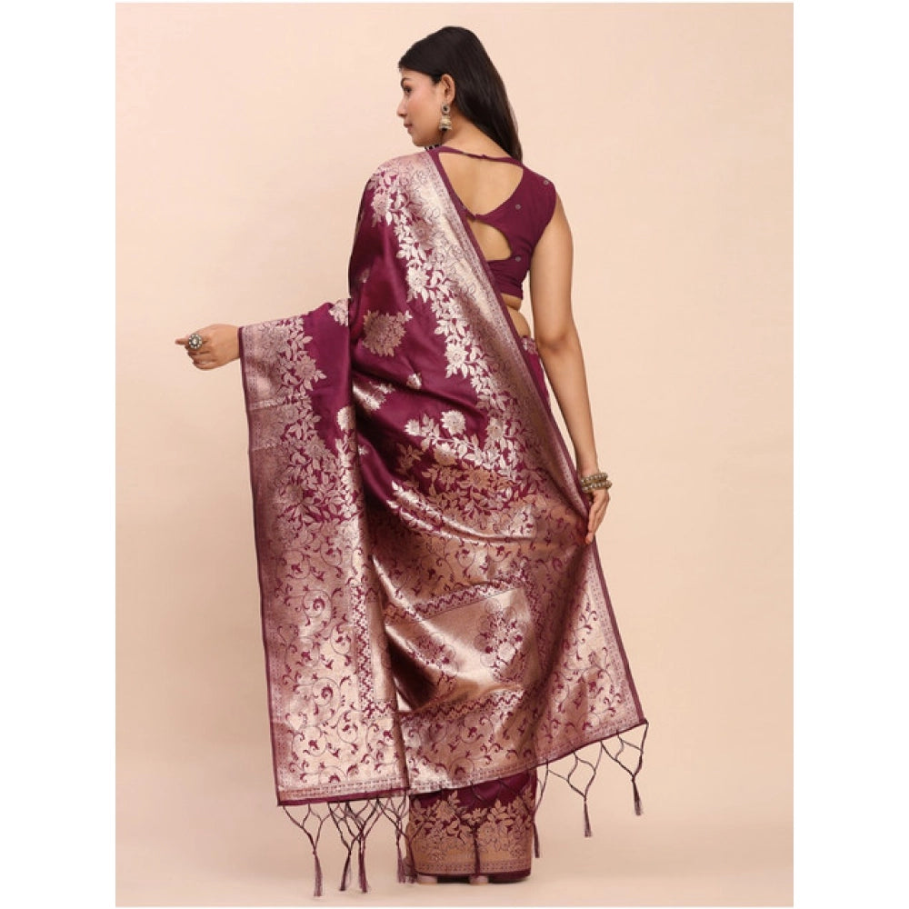 Generic Women's Banarasi Silk Printed Saree With Unstitched Blouse 5.5Mtr (Purple)