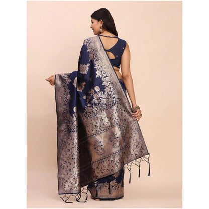 Generic Women's Banarasi Silk Printed Saree With Unstitched Blouse 5.5Mtr (Navy Blue)