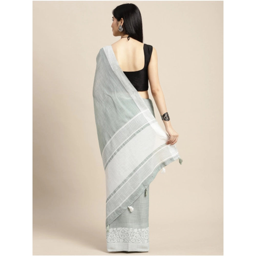 Generic Women's Linen Printed Saree With Unstitched Blouse 5.5Mtr (Sea Green)