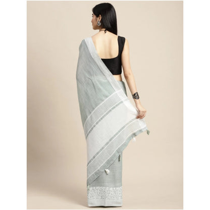 Generic Women's Linen Printed Saree With Unstitched Blouse 5.5Mtr (Sea Green)