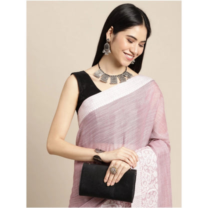 Generic Women's Linen Printed Saree With Unstitched Blouse 5.5Mtr (Purple)