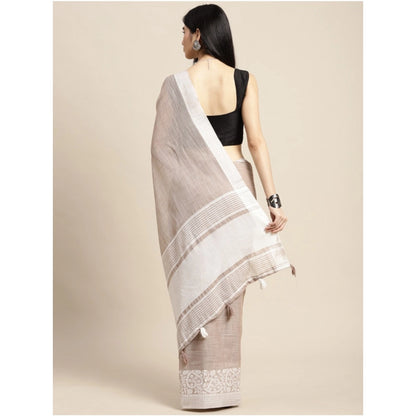 Generic Women's Linen Printed Saree With Unstitched Blouse 5.5Mtr (Beige)