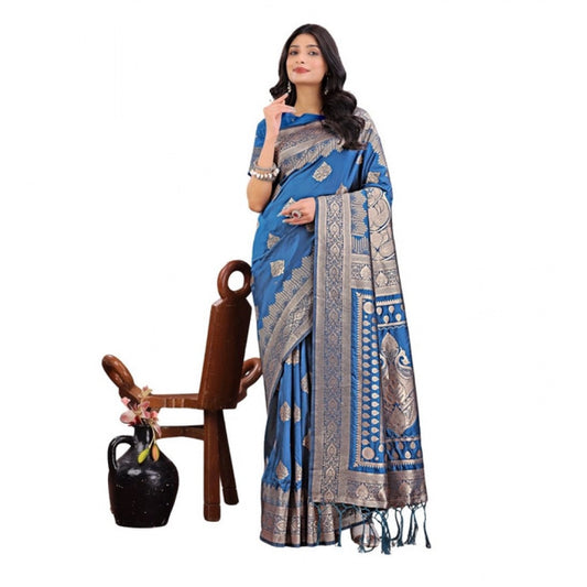 Generic Women's Silk Printed Saree With Unstitched Blouse 5.5Mtr (Sky Blue)