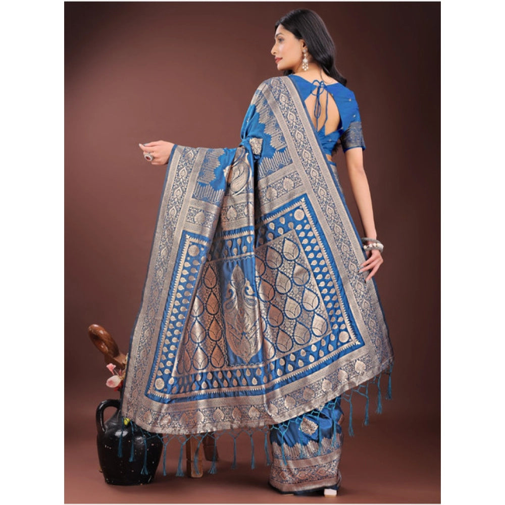 Generic Women's Silk Printed Saree With Unstitched Blouse 5.5Mtr (Sky Blue)
