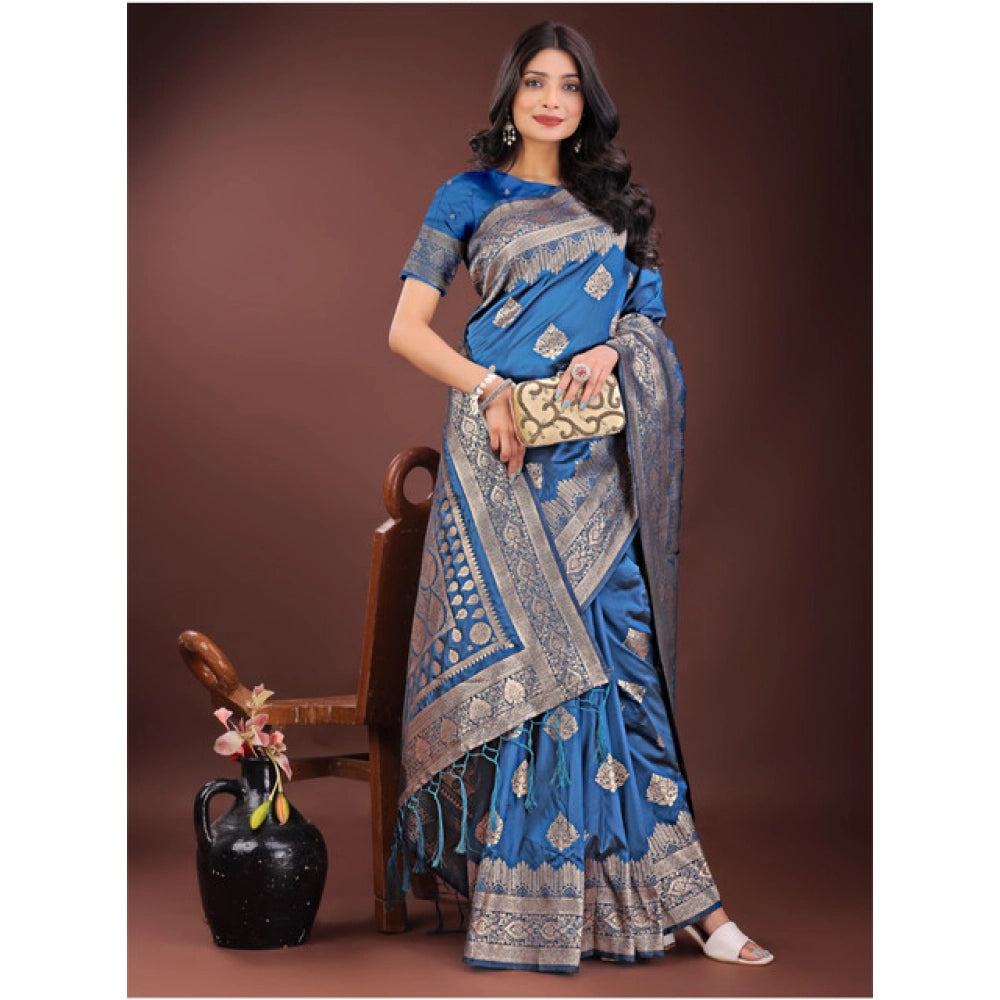Generic Women's Silk Printed Saree With Unstitched Blouse 5.5Mtr (Sky Blue)