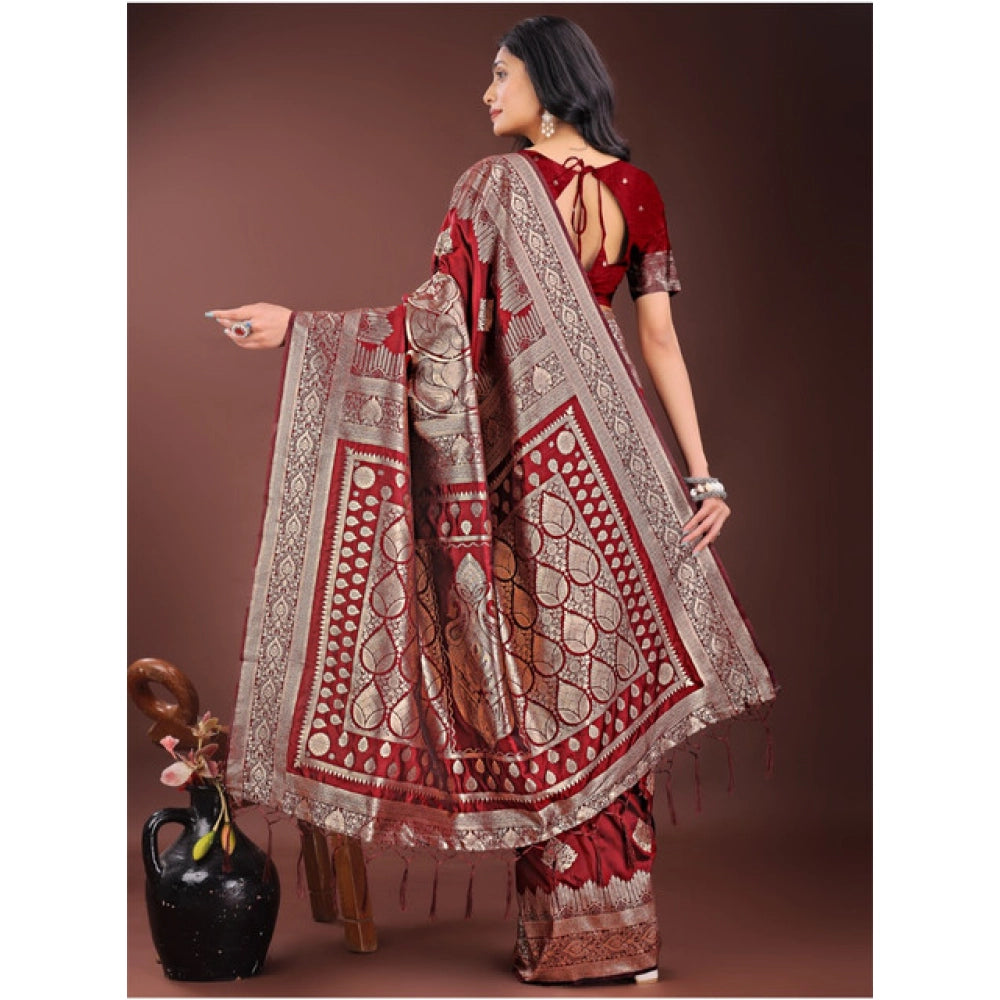 Generic Women's Silk Printed Saree With Unstitched Blouse 5.5Mtr (Maroon)