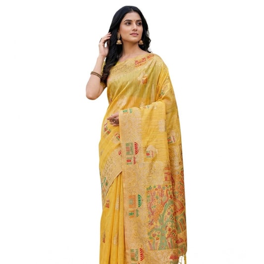 Generic Women's Linen Cotton Printed Saree With Unstitched Blouse 5.5Mtr (Yellow)