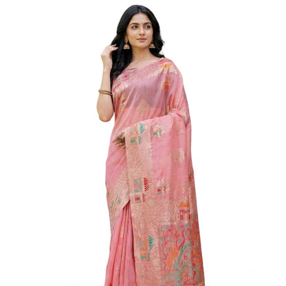 Generic Women's Linen Cotton Printed Saree With Unstitched Blouse 5.5Mtr (Pink)
