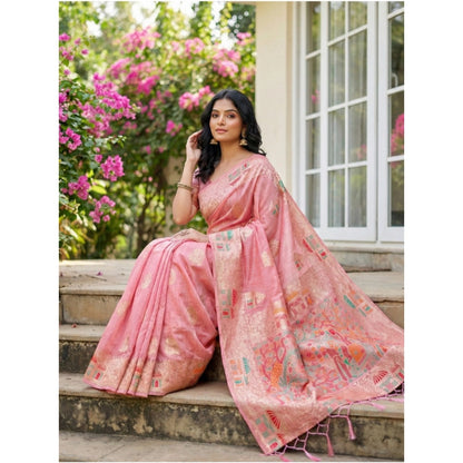 Generic Women's Linen Cotton Printed Saree With Unstitched Blouse 5.5Mtr (Pink)