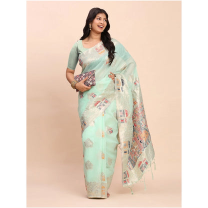 Generic Women's Linen Cotton Printed Saree With Unstitched Blouse 5.5Mtr (Sea Green)