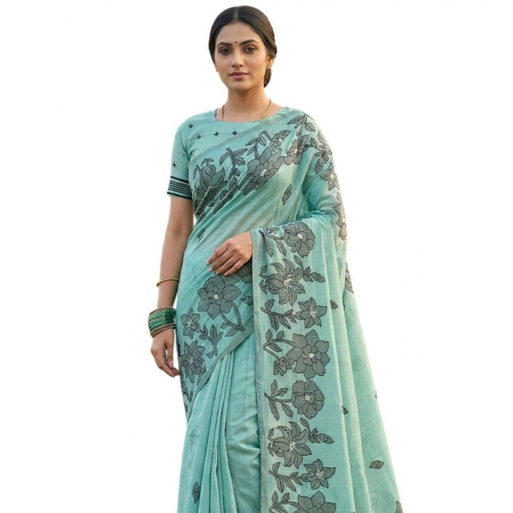 Generic Women's Linen Cotton Printed Saree With Unstitched Blouse 5.5Mtr (Sea Green)