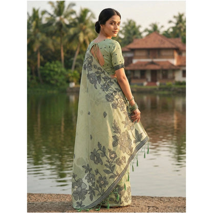 Generic Women's Linen Cotton Printed Saree With Unstitched Blouse 5.5Mtr (Light Green)