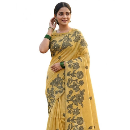 Generic Women's Linen Cotton Printed Saree With Unstitched Blouse 5.5Mtr (Yellow)