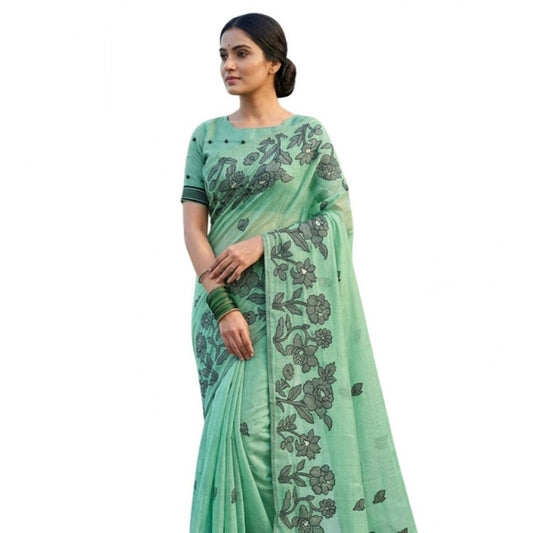 Generic Women's Linen Cotton Printed Saree With Unstitched Blouse 5.5Mtr (Rama Green)
