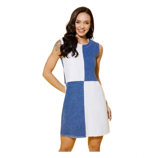 Generic Women's Denim Color Blocking Sleeveless Dress (Blue)