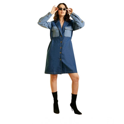 Generic Women's Denim Color Blocking Roll Up Dress (Blue)