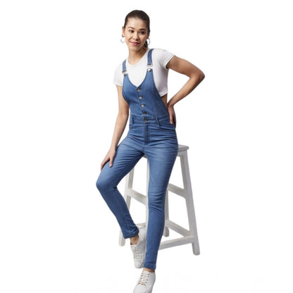 Generic Women's Denim Lycra Solid Buttoned Dungaree (Ice Blue)