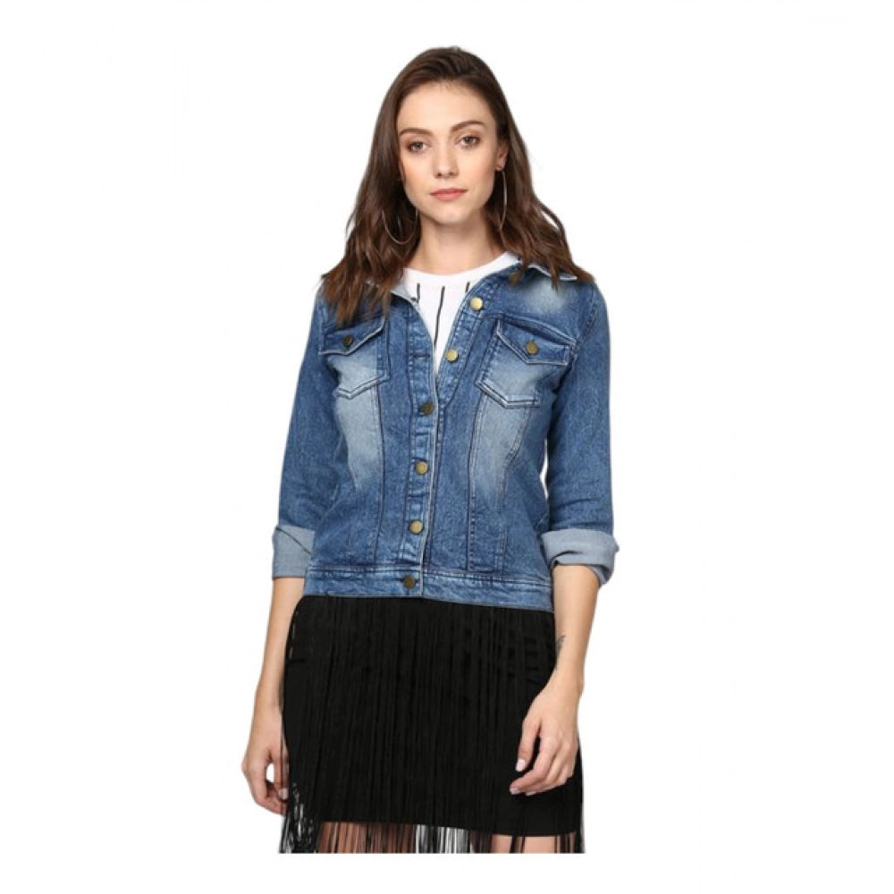 Generic Women's Denim Washed Long Sleeves Jacket (Blue)