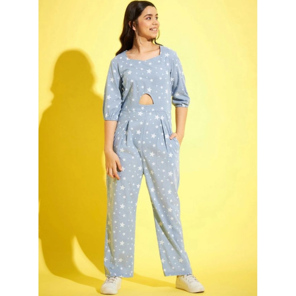 Generic Girl's Cotton Printed 3-4th Sleeve Jumpsuit (Blue - White)