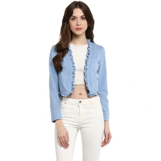 Generic Women's Denim Ruffled Long Sleeves Shrug (Blue)