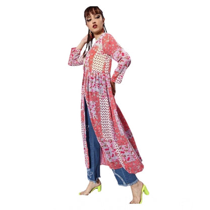 Generic Women's Polyester Floral Long Sleeves Shrug (Pink-Coral)