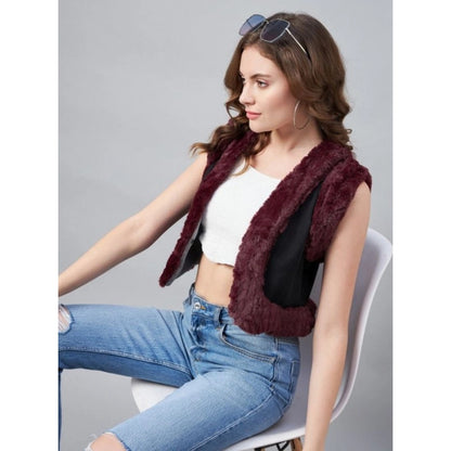Generic Women's Denim And Fur Solid Sleeveless Shrug (Black - Maroon)