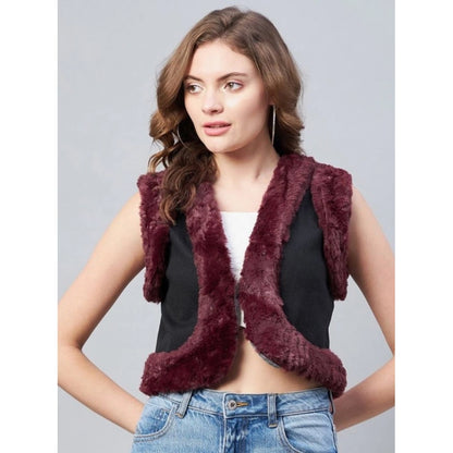 Generic Women's Denim And Fur Solid Sleeveless Shrug (Black - Maroon)