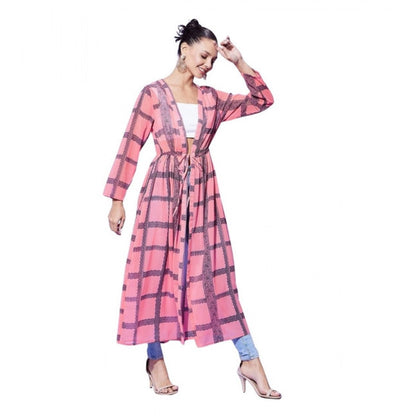 Generic Women's Polyester Check Long Sleeves Shrug (Pink)