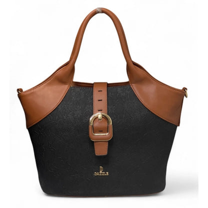 Generic Women's Polyurethane Textured Two-Tone Tote Handbag with Adjustable &amp; Removable Strap (Black-Tan)