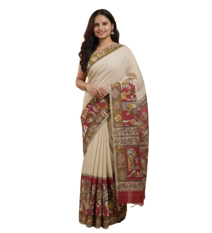 Generic Women's Linen Kalamkari Printed Saree With Unstitched Blouse - 5.5 Mtr (Beige)