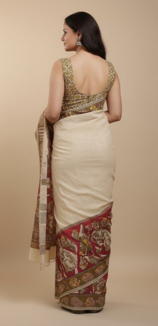 Generic Women's Linen Kalamkari Printed Saree With Unstitched Blouse - 5.5 Mtr (Beige)