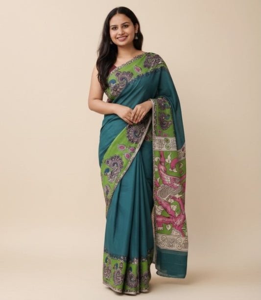 Generic Women's Linen Kalamkari Printed Saree With Unstitched Blouse - 5.5 Mtr (Teal)