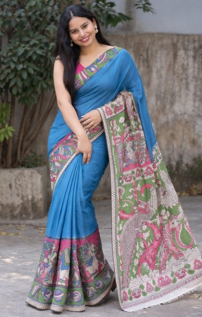 Generic Women's Linen Kalamkari Printed Saree With Unstitched Blouse - 5.5 Mtr (Blue)