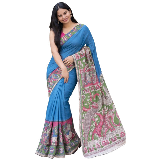 Generic Women's Linen Kalamkari Printed Saree With Unstitched Blouse - 5.5 Mtr (Blue)