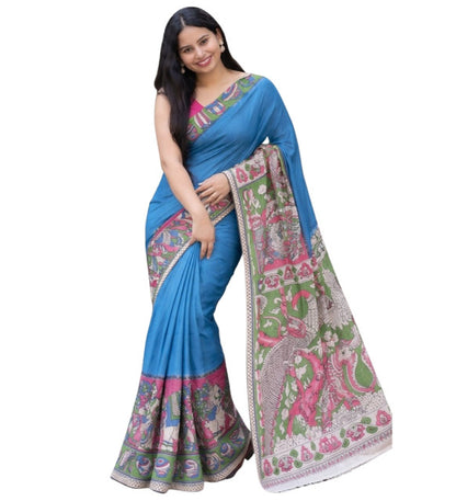 Generic Women's Linen Kalamkari Printed Saree With Unstitched Blouse - 5.5 Mtr (Blue)