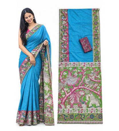 Generic Women's Linen Kalamkari Printed Saree With Unstitched Blouse - 5.5 Mtr (Blue)