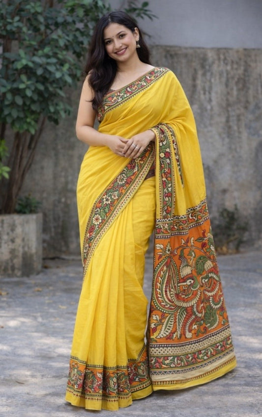 Generic Women's Linen Kalamkari Printed Saree With Unstitched Blouse - 5.5 Mtr (Yellow)