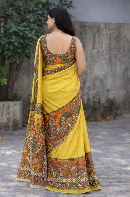 Generic Women's Linen Kalamkari Printed Saree With Unstitched Blouse - 5.5 Mtr (Yellow)